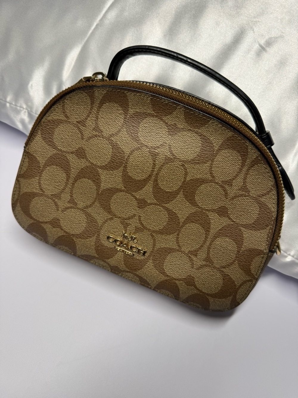 Coach Brown Signature Canvas Dome Wristlet with Black Strap